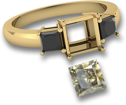 Bague en or jaune avec diamant champagne carré et pierres latérales en spinelle noir