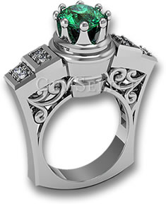 Silver Emerald Ring with White Diamond Accent Stones