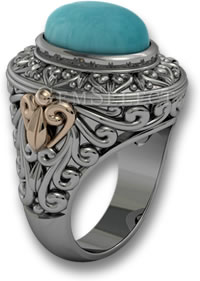 Ring aus Türkis und verschiedenen Metallen