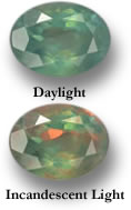 Une gemme d'alexandrite à changement de couleur sous un éclairage différent