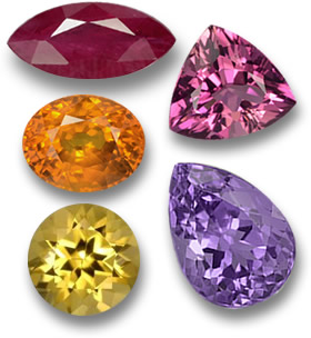 Pierres précieuses de couleurs ardentes : rubis, tourmaline rose, saphir orange, améthyste et béryl doré
