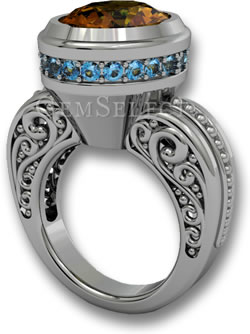 Una versión moderna del halo: anillo de plata con piedra central de turmalina y topacio azul fuera del halo
