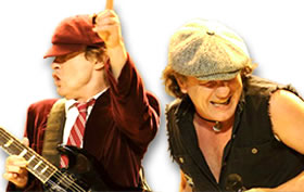 ACDC's Brian Johnson Wearing His Signature Necklace Pendant and Angus Young in His Schoolboy Uniform