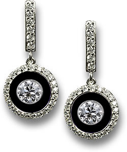 Modern Art Deco Style Dangle Earrings with Onyx and Diamond