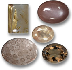 Рутиловый кварц, лунный камень, андезиновый лабрадор, ископаемый коралл и дымчатый кварц