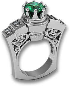 Silver Emerald Ring with White Diamond Accent Stones