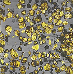 Piedras de peridoto en el meteorito Fukang