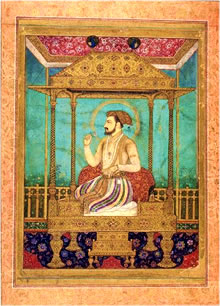 Una representación artística de Shah Jahan en un trono de pavo real