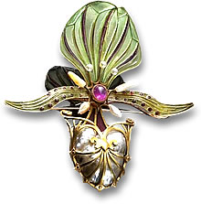 Broche Art Nouveau en Or, Émail, Pierre Rose et Perle par Georges Fouquet