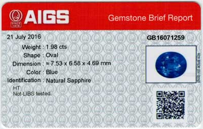 AIGS Gemstone Certificate for Blue Sapphire