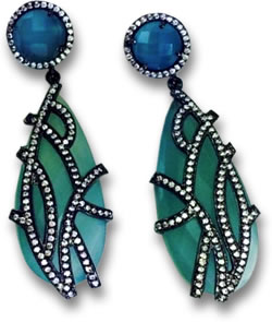 Boucles d'oreilles pendantes chrysoprase et gemme bleue