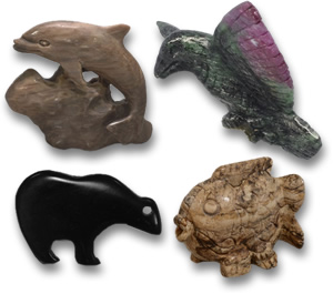 Gemstone Animal Carvings: Tiger's Eye, Ruby-Zoisite and Jasper