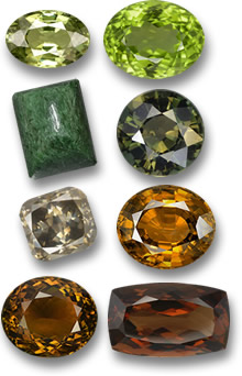 Pierres précieuses de l'élément bois : grenat démantoïde, péridot, Maw-Sit-Sit, Kornerupine, diamant champagne, zircon doré, tourmaline et enstatite.