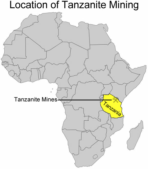 Un mapa de África que muestra la ubicación de las minas de tanzanita en Tanzania
