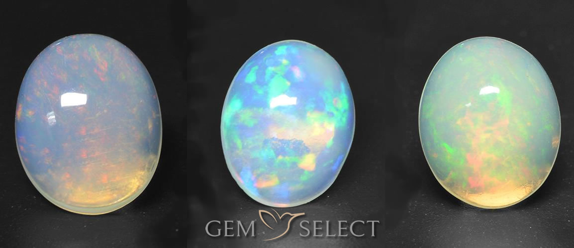 来自 GemSelect 的三颗蛋白石凸圆面照片