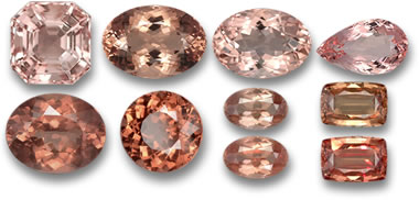 Morganite (en haut), grenat de Malaisie (en bas à gauche) et grenat à changement de couleur (en bas à droite)