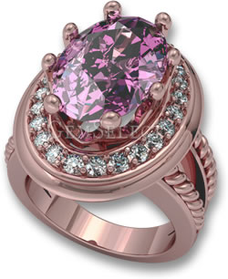 Anillo de halo de oro rosa con piedra central de zafiro rosa y piedras decorativas de zafiro blanco