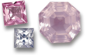 Zafiros de talla princesa (izquierda) y cuarzo rosa de talla Asscher (derecha)