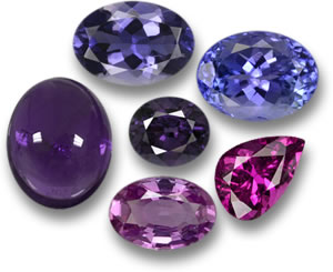 Gemmes d'améthyste, d'iolite, de tanzanite, de rubellite, de saphir et de spinelle