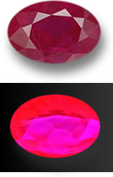 A Ruby under Daylight (Top) and UV Light (Bottom)