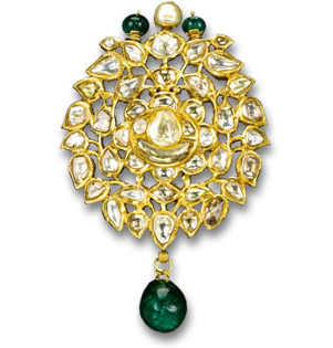 Traditioneller Kundan-Anhänger/Brosche mit Diamanten, Perlen und Smaragden