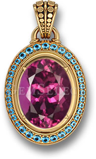 Pendentif aux couleurs triadiques : topaze bleue, tourmaline rose et or jaune