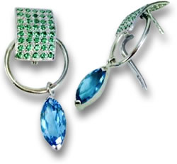 Boucles d'oreilles pendantes grenat tsavorite et topaze bleue