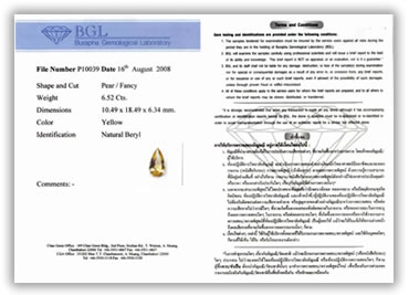 Certificat gemmologique BGL