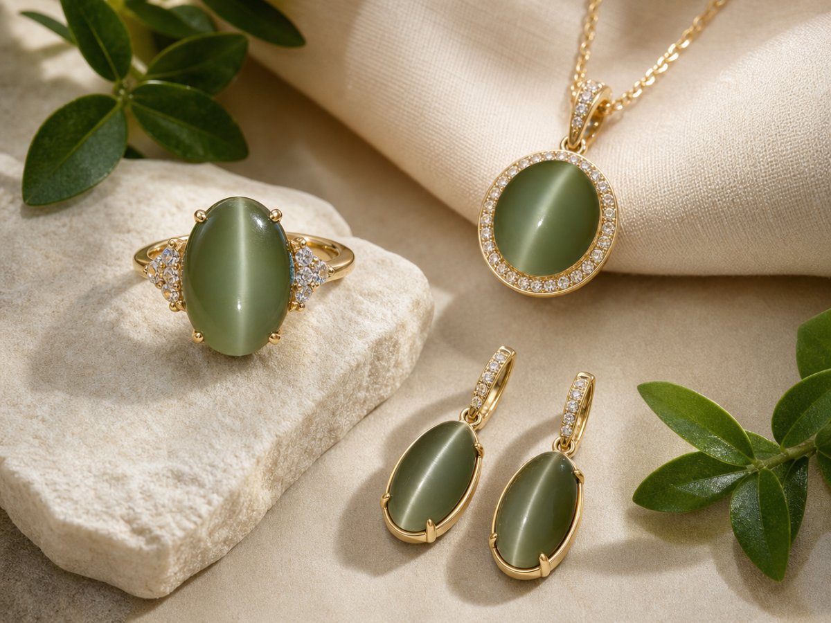 Actinolite Cat's Eye gemstones shown in jewelry