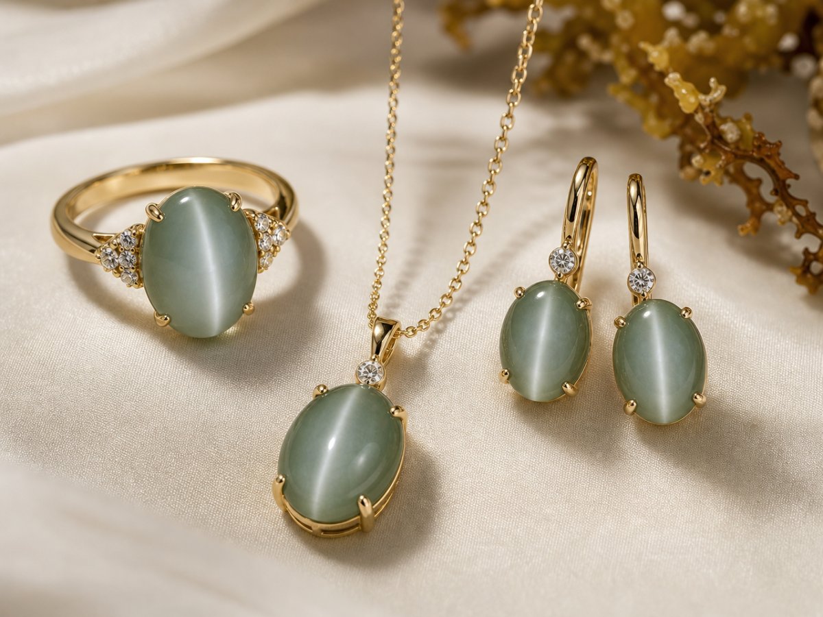 Actinolite Cat's Eye gemstones shown in jewelry