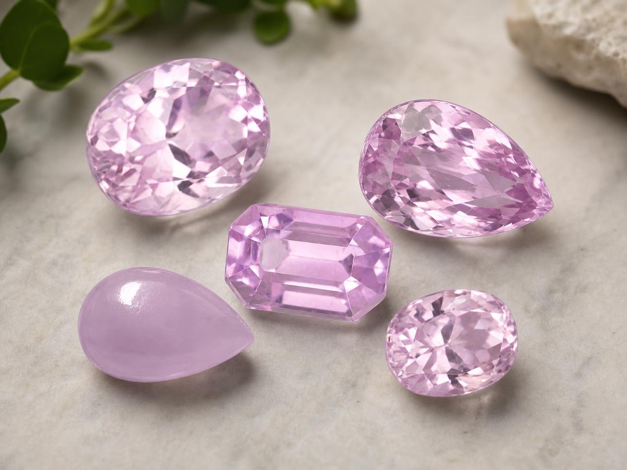 Loose Afghanistan kunzite gemstones in pink and lilac tones