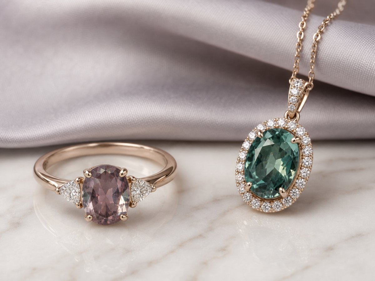 Alexandrite gemstones shown in jewelry