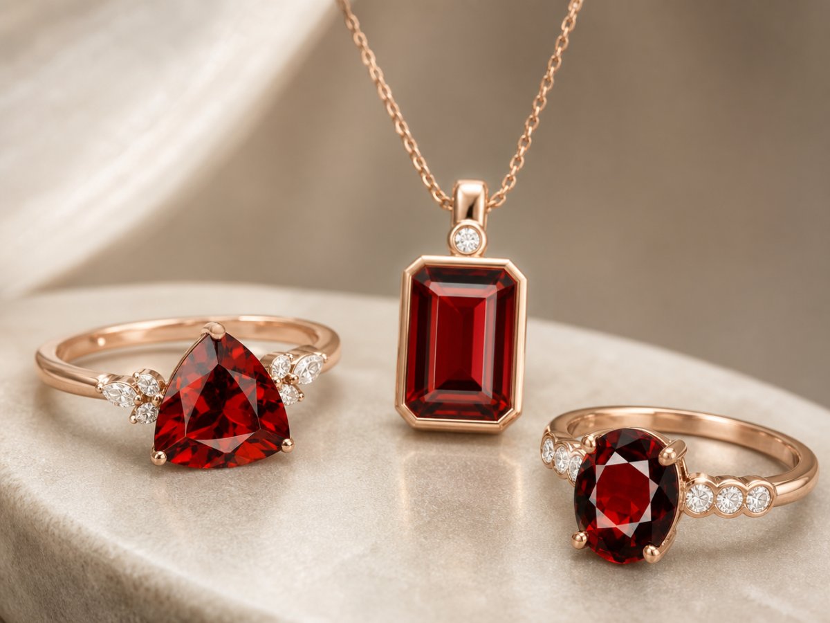 Almandine Garnet gemstones shown in jewelry