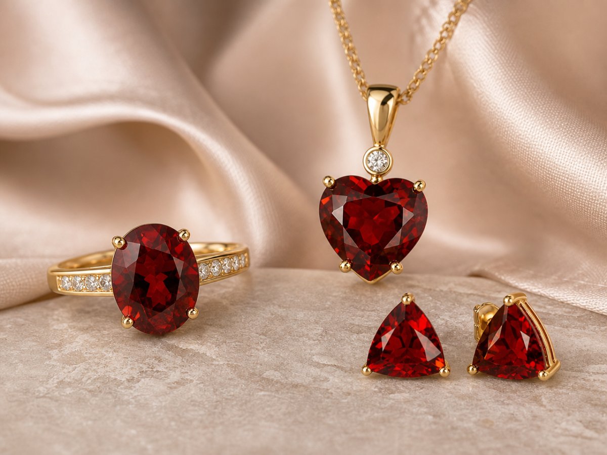 Almandine Garnet gemstones shown in jewelry