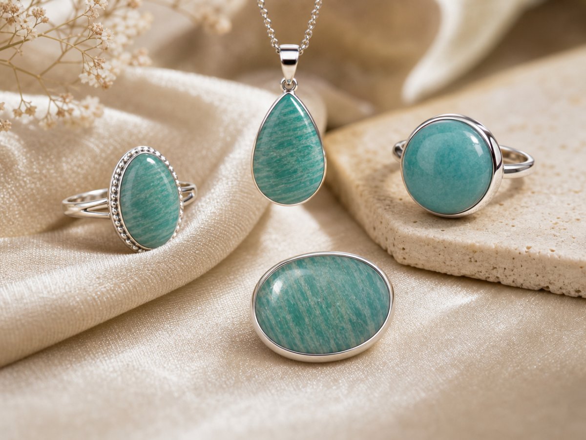 Gemas de amazonita mostradas en joyería