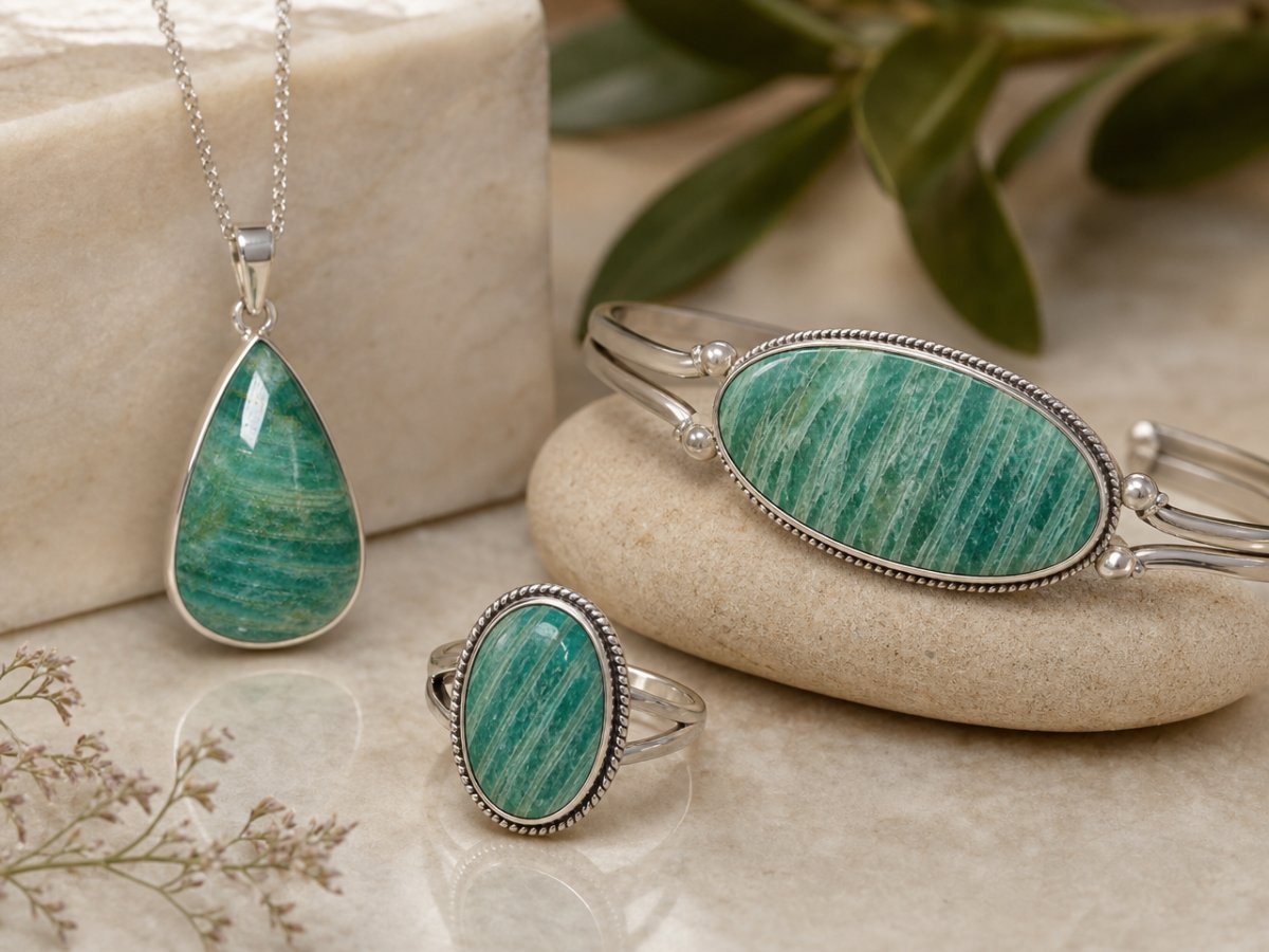 Amazonite gemstones shown in jewelry