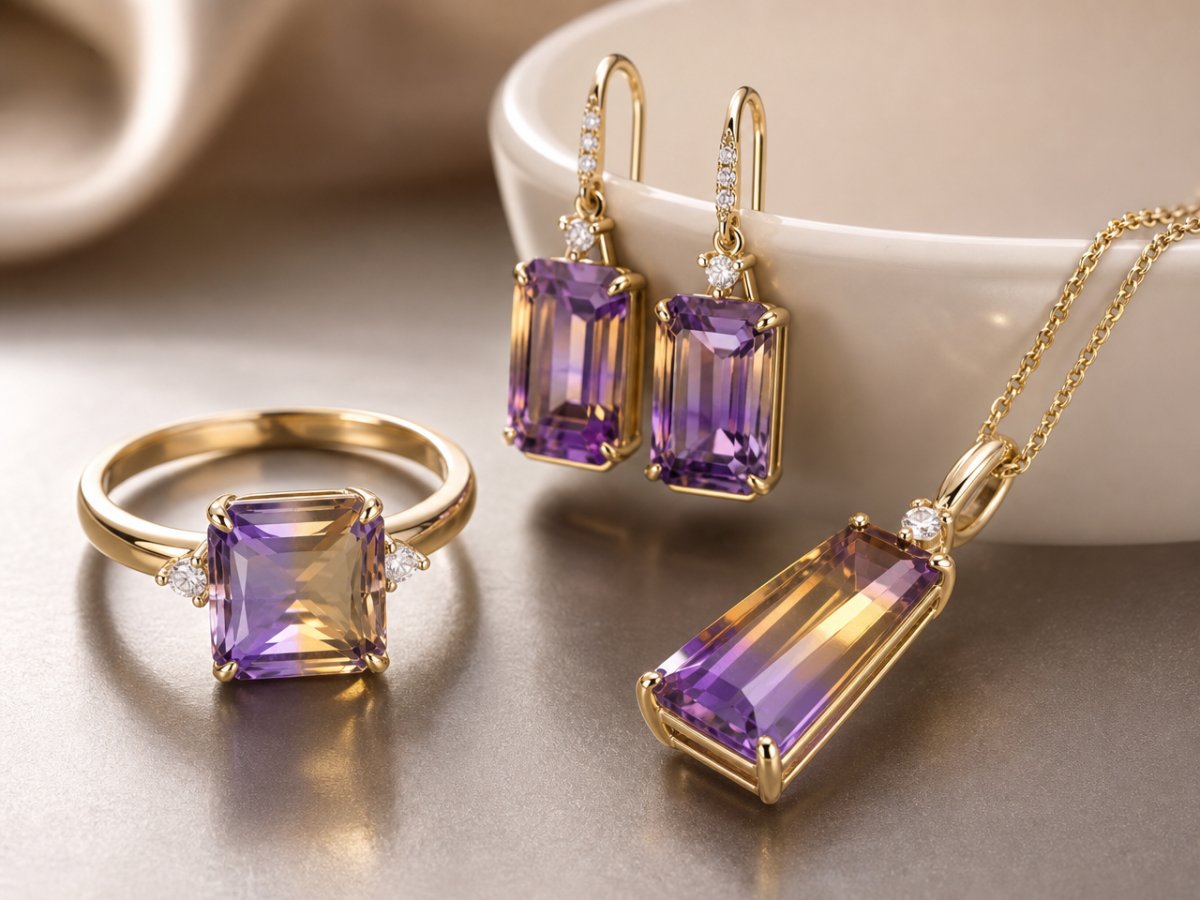 Gemas de ametrina mostradas en joyería
