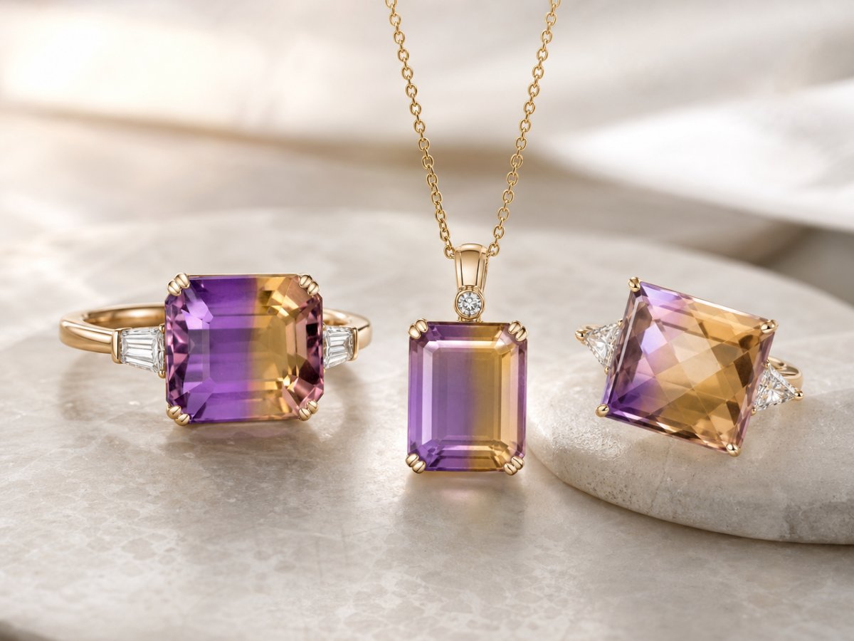 Ametrine gemstones shown in jewelry