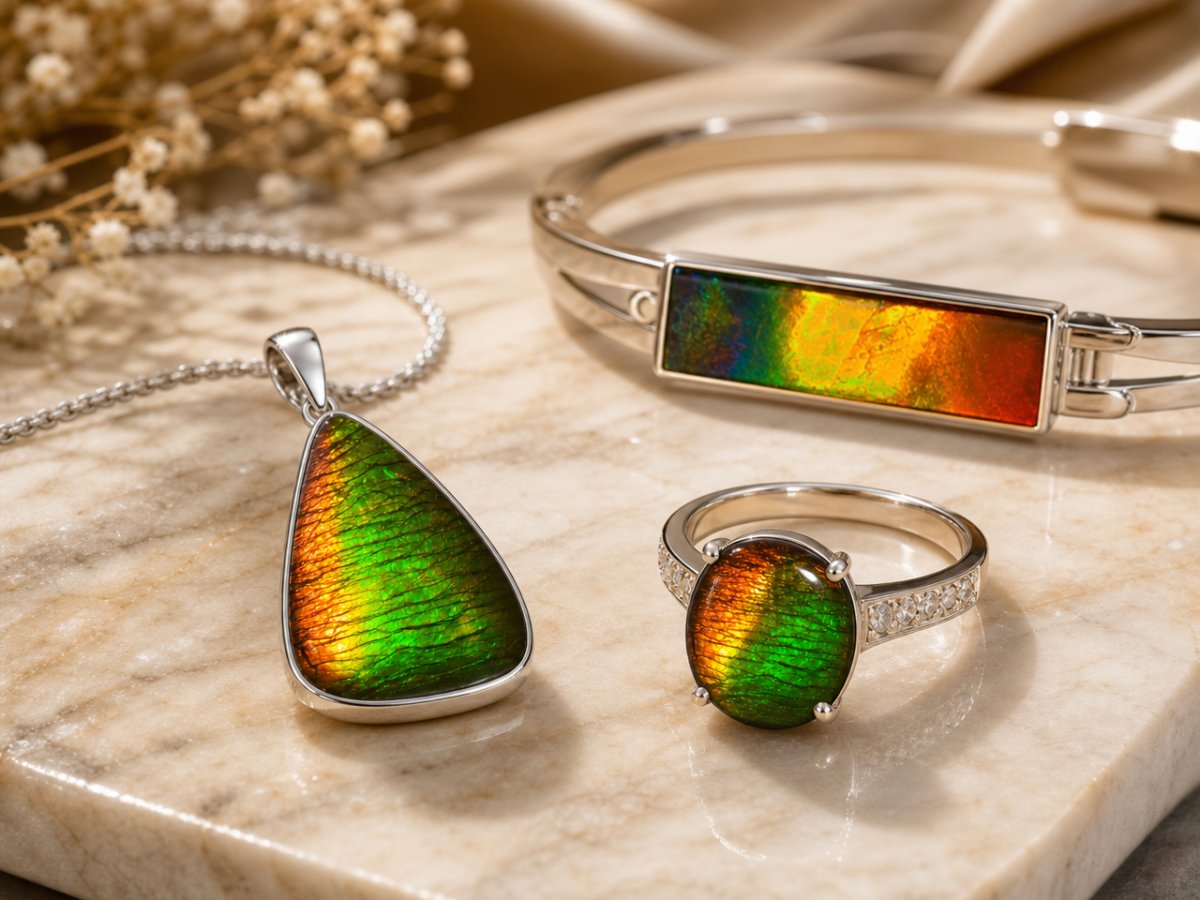 Ammolite gemstones shown in jewelry