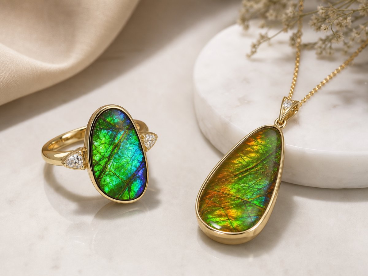 Ammolite gemstones shown in jewelry