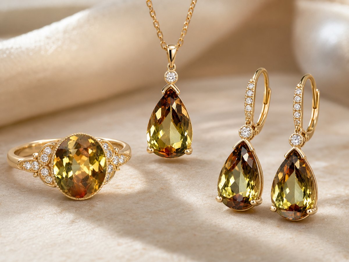 Andalusite gemstones shown in jewelry