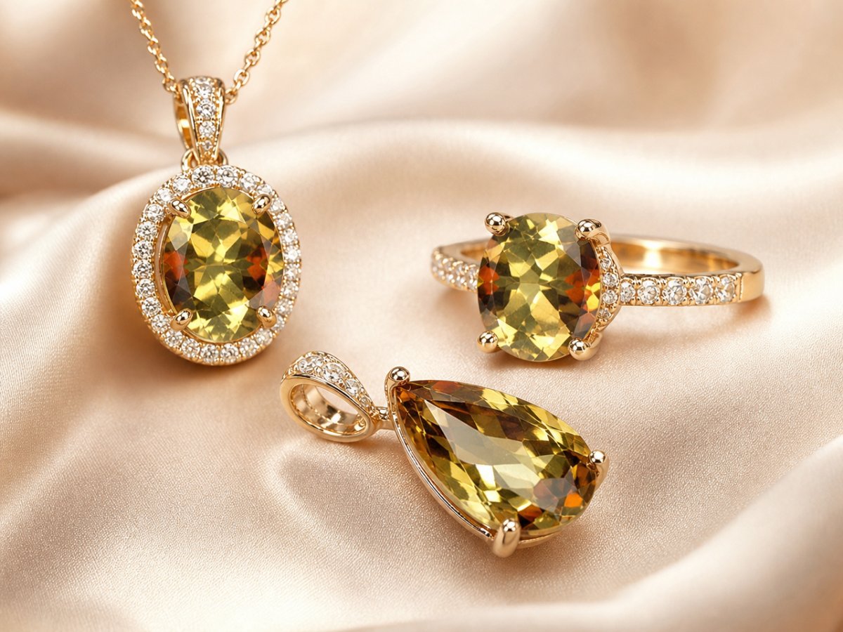 Andalusite gemstones shown in jewelry