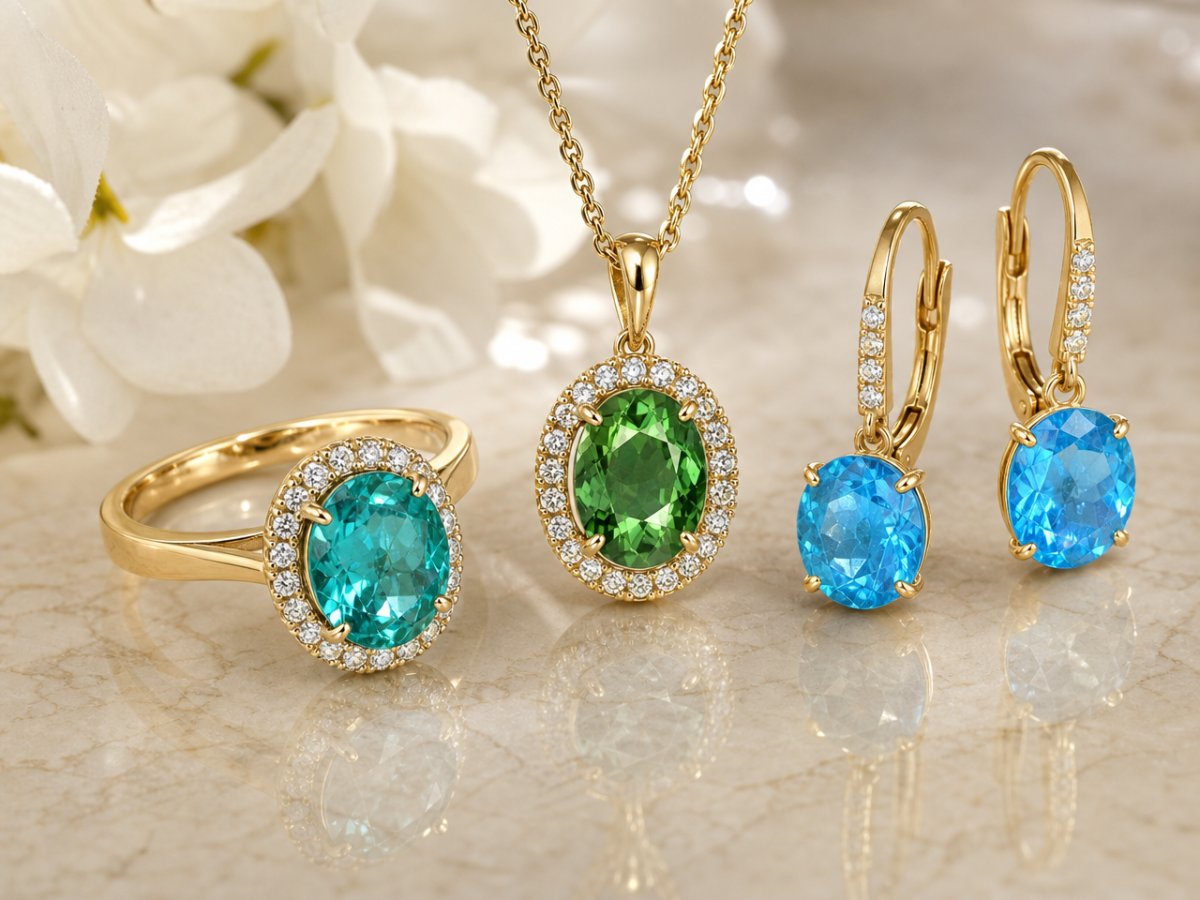 Apatite gemstones shown in jewelry