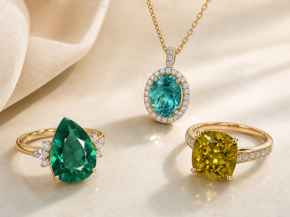Apatite gemstones shown in jewelry