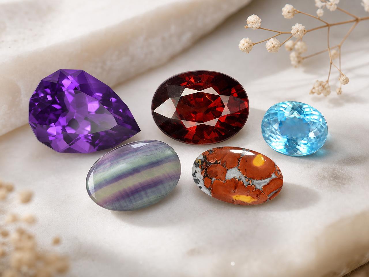 Loose Aquarius birthstones in purple, red, blue and teal colors