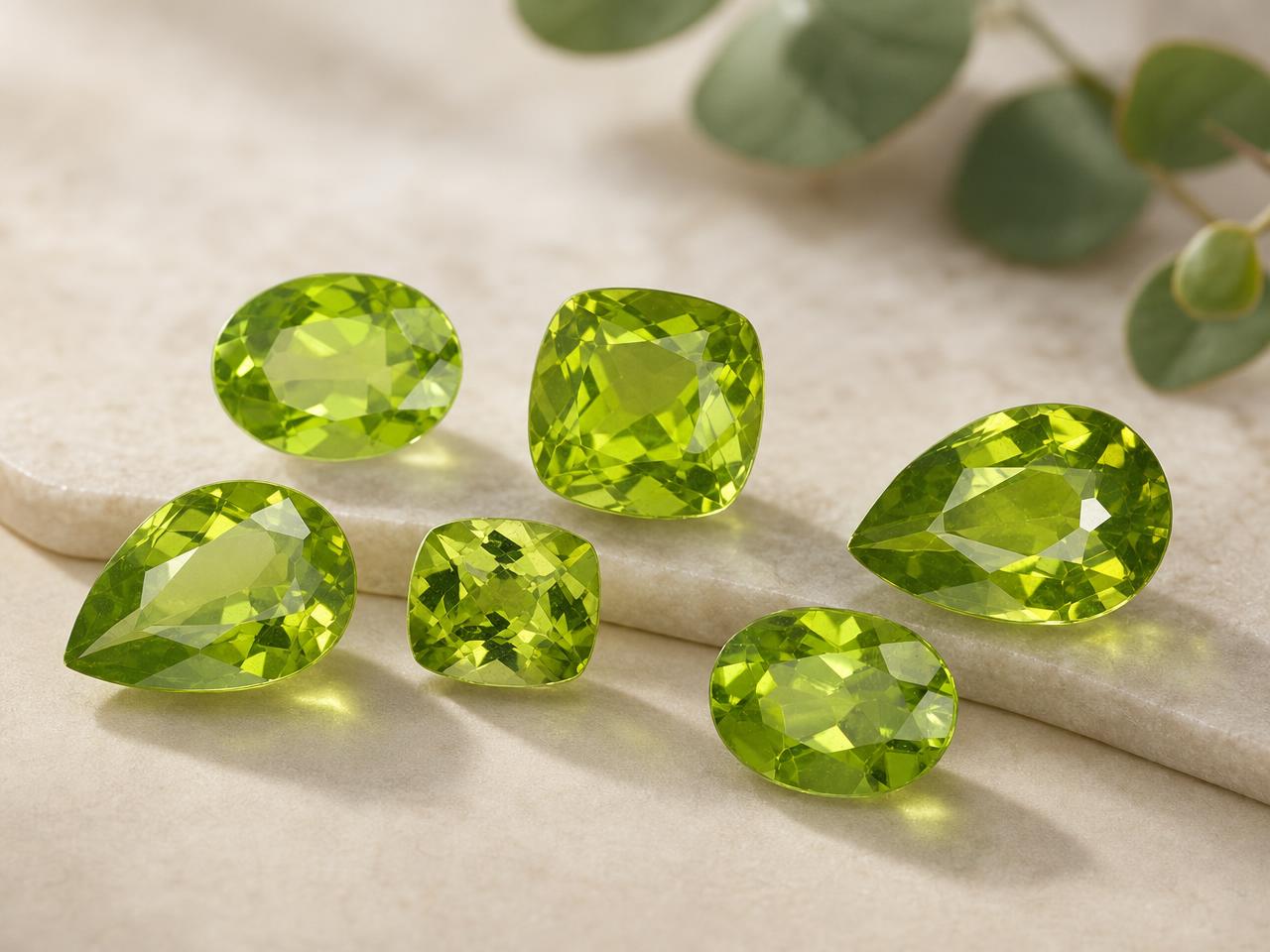 Loose green peridot gemstones for August birthstone jewelry