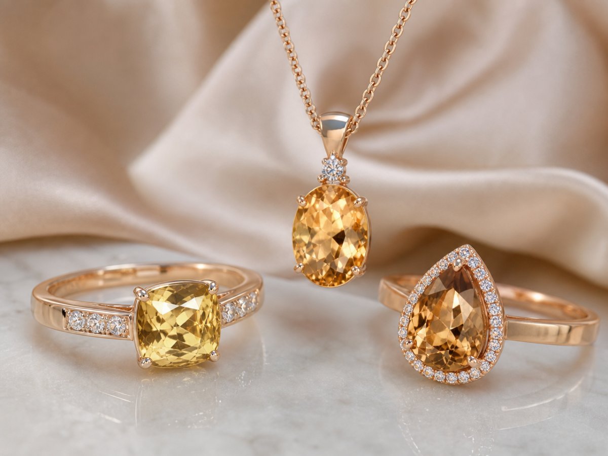 Axinite gemstones shown in jewelry