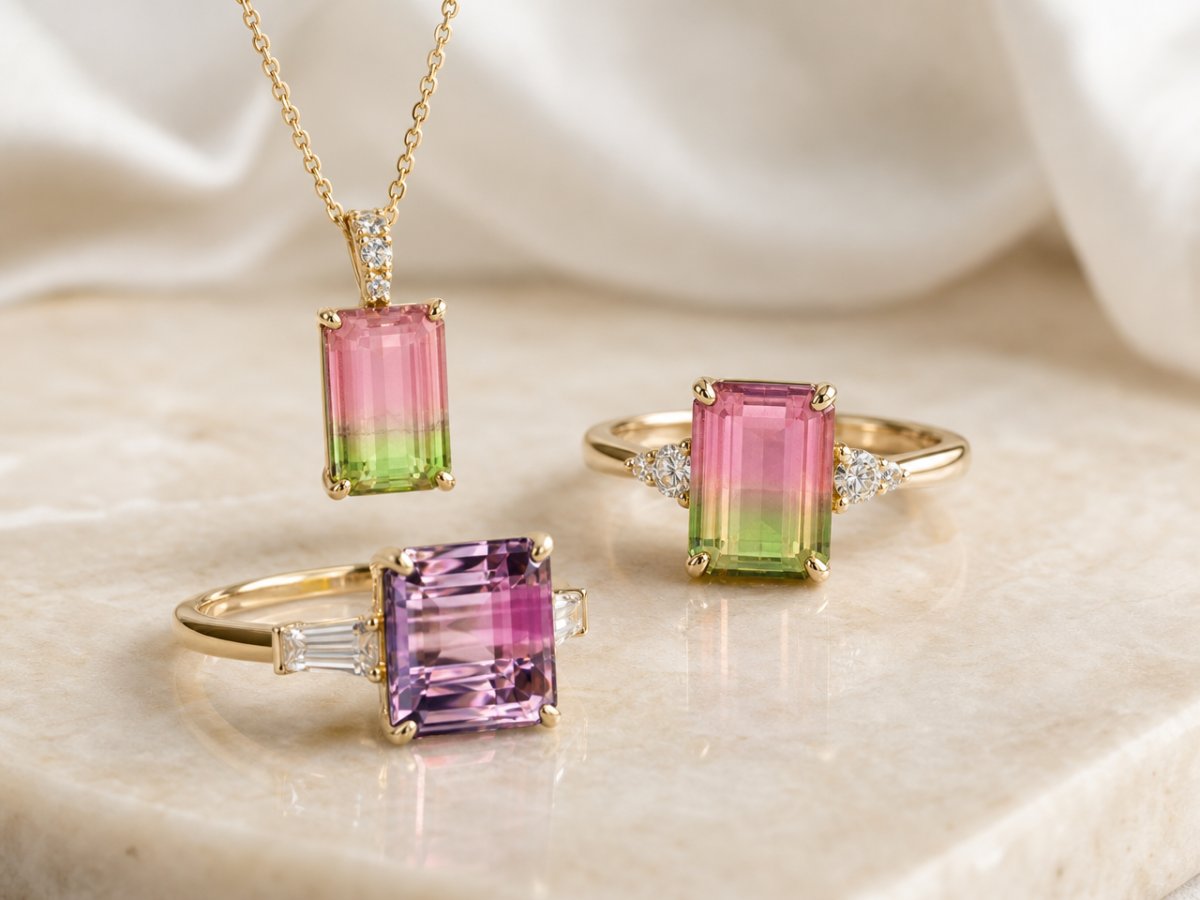 Bi-Color Tourmaline gemstones shown in jewelry