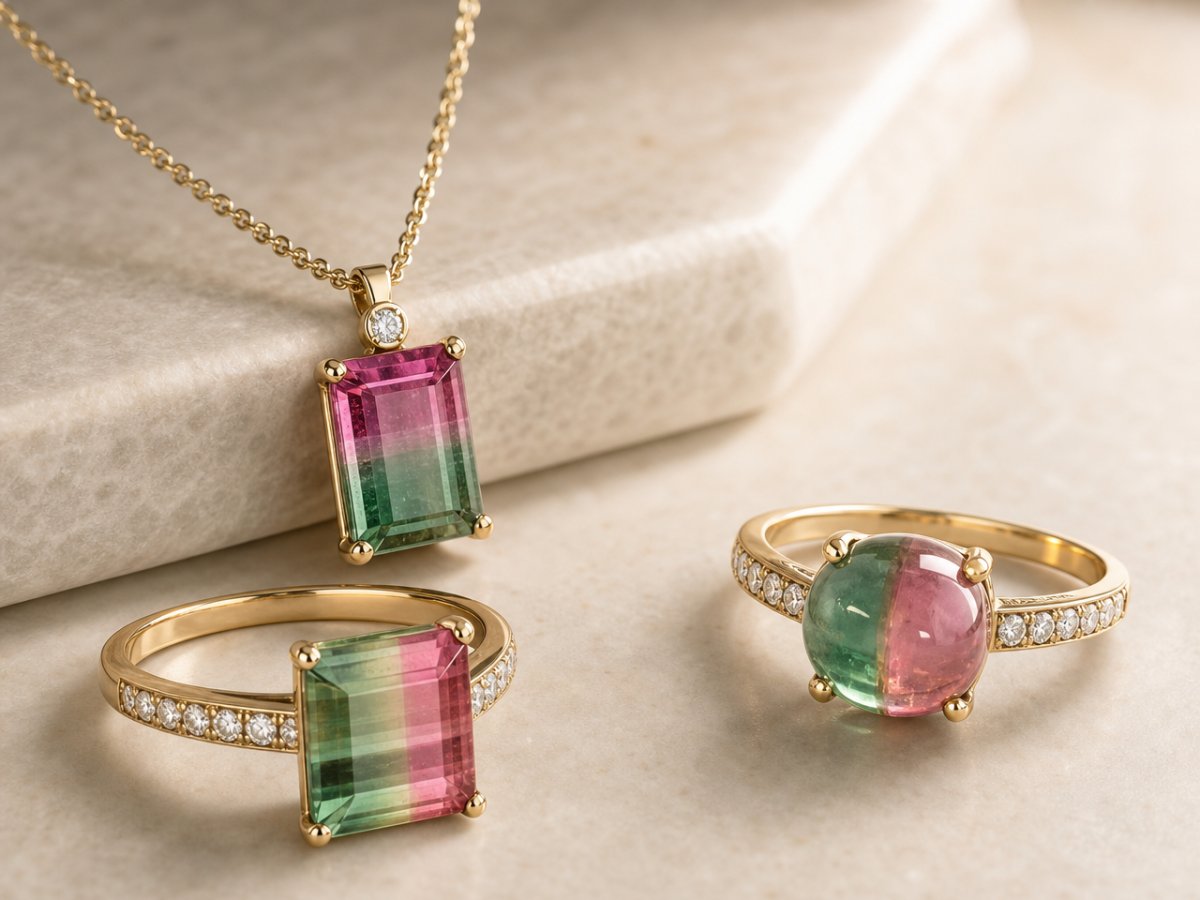 Bi-Color Tourmaline gemstones shown in jewelry