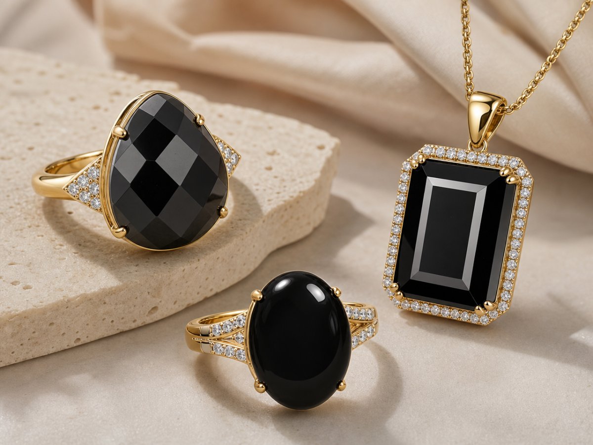 Gemas de ônix preto exibidas em joias